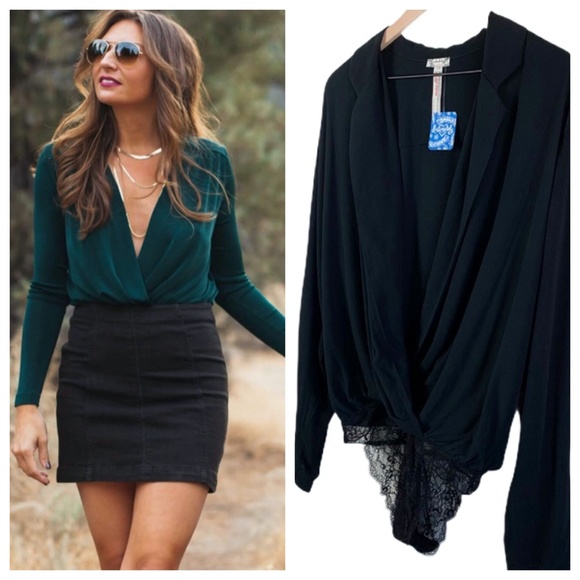Free People Tops - NWT FREE PEOPLE Ruffle Lace Black Body Suit
